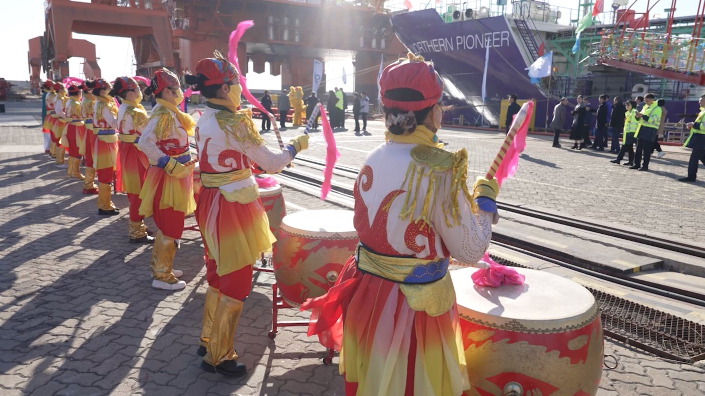 Drummers perform at the commissioning of the Northern Pioneer.